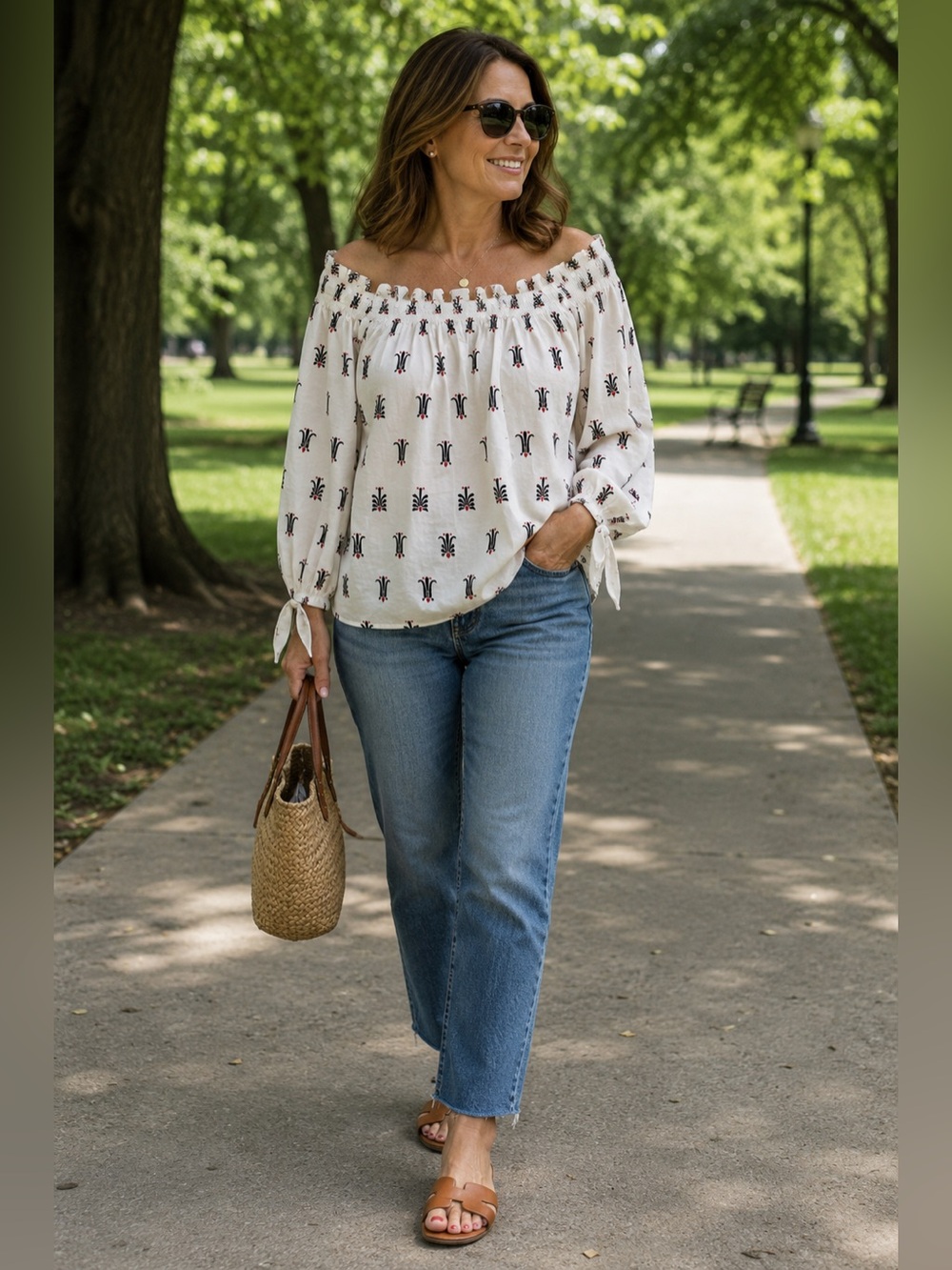 Caroline Constas White Off-Shoulder Blouse with Black & Red Motif